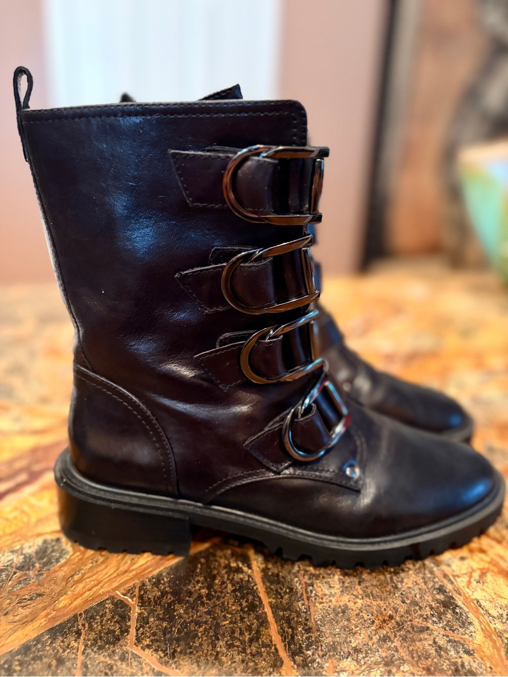 Vince Camuto Black Leather Buckle Strap Boots - Picture 2 of 6
